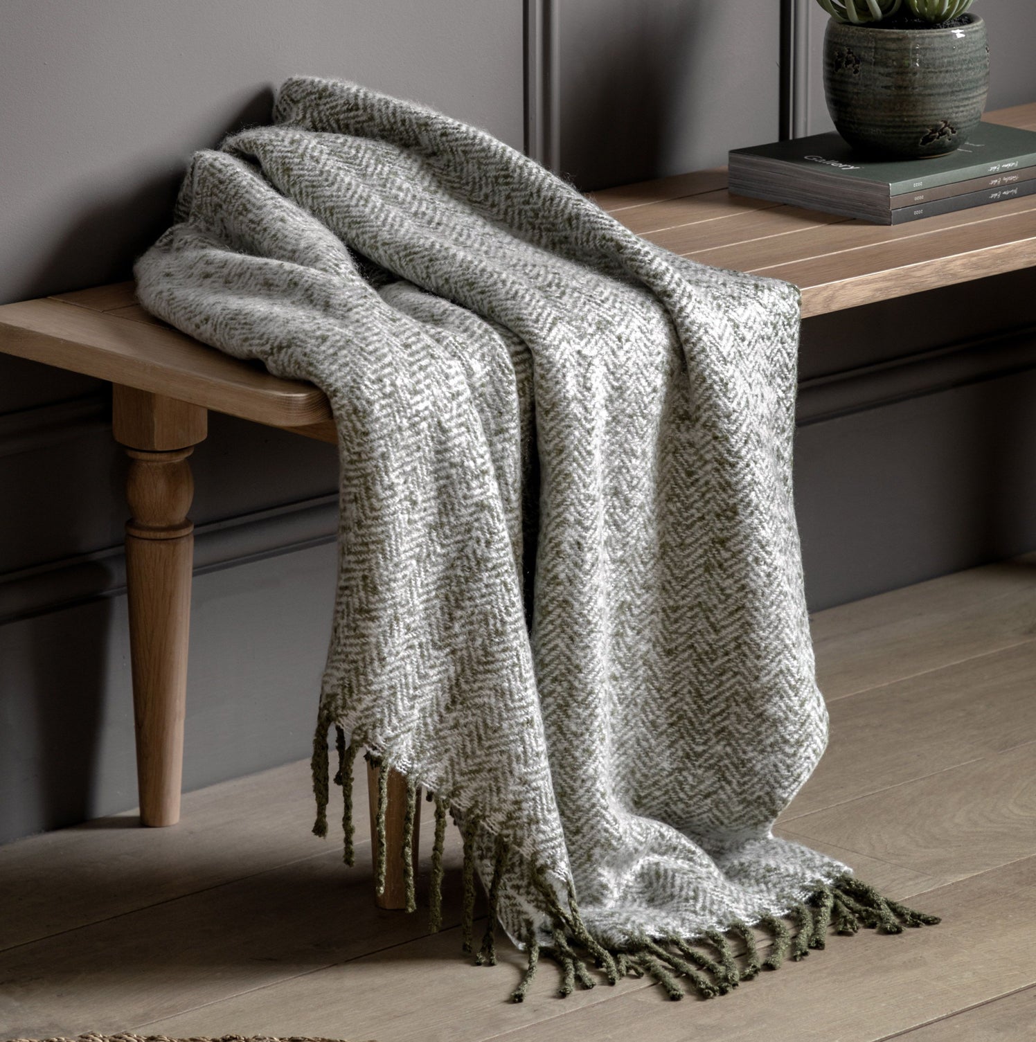 Herringbone Faux Mohair Sage Throw