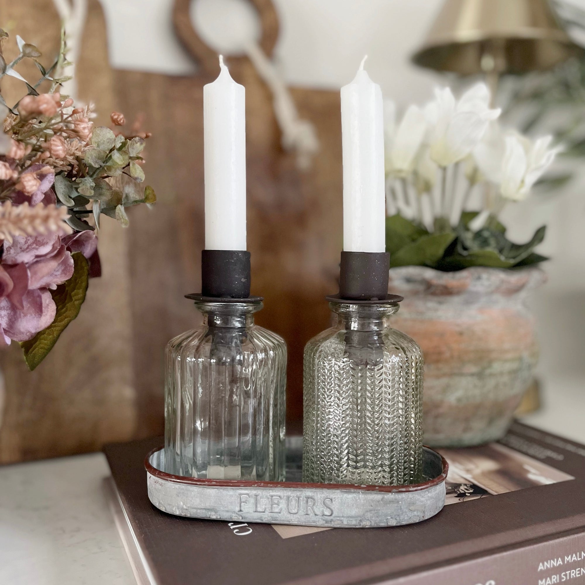 Set of 2 Glass Bottle Dinner Candle Holders With Tray