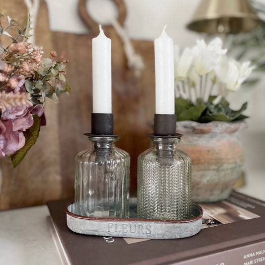 Set of 2 Glass Bottle Dinner Candle Holders With Tray