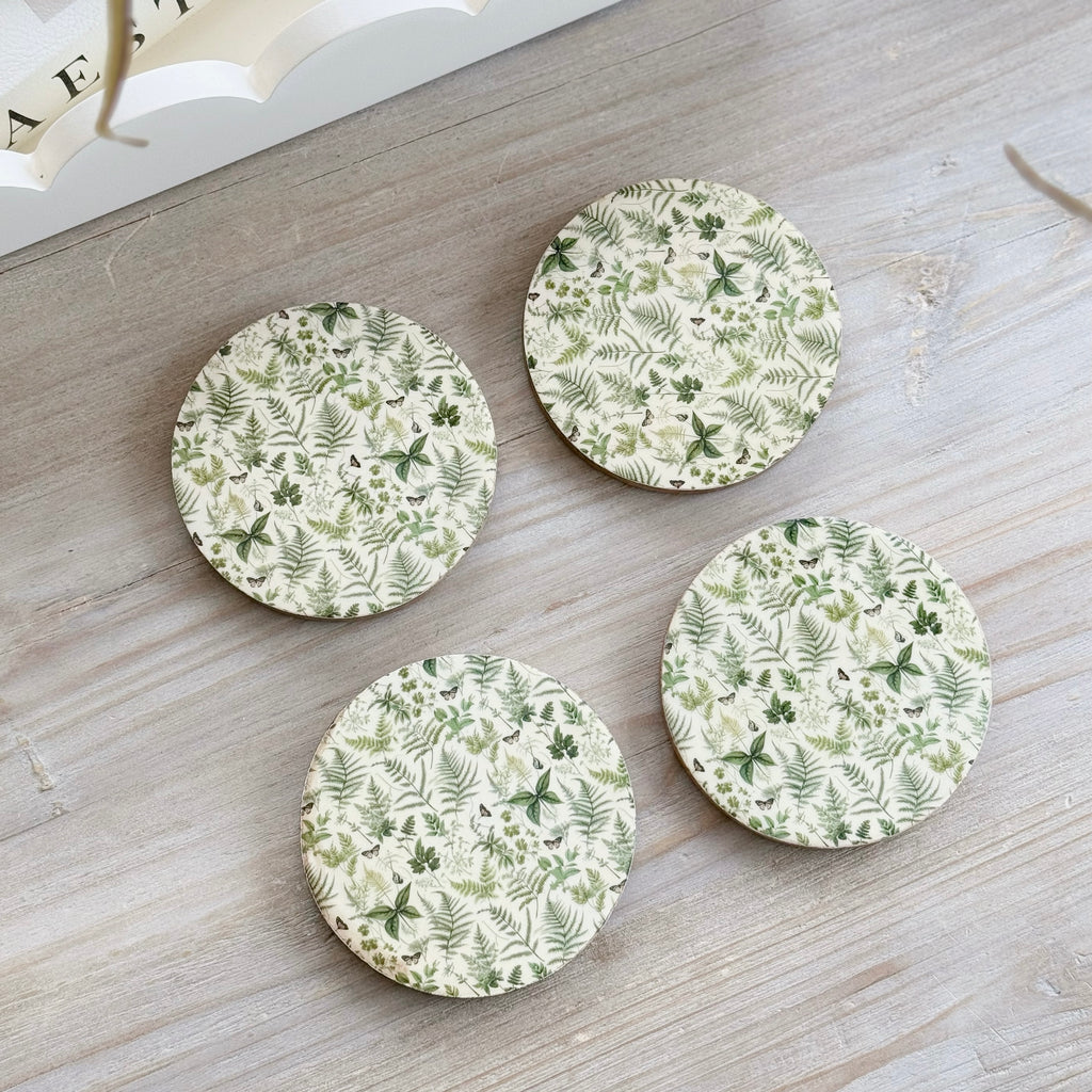 Set Of 4 Green Fern Wooden Coaster