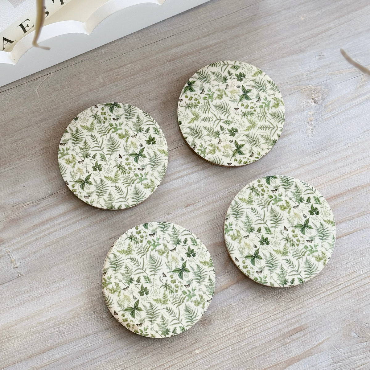 Set Of 4 Green Fern Wooden Coaster