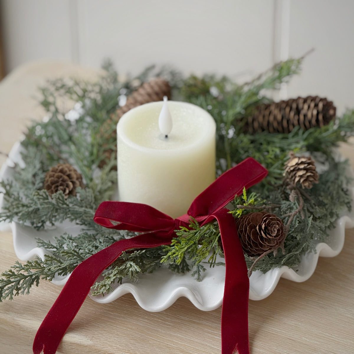 Foliage & Fircone Candle Ring with Velvet Ribbon