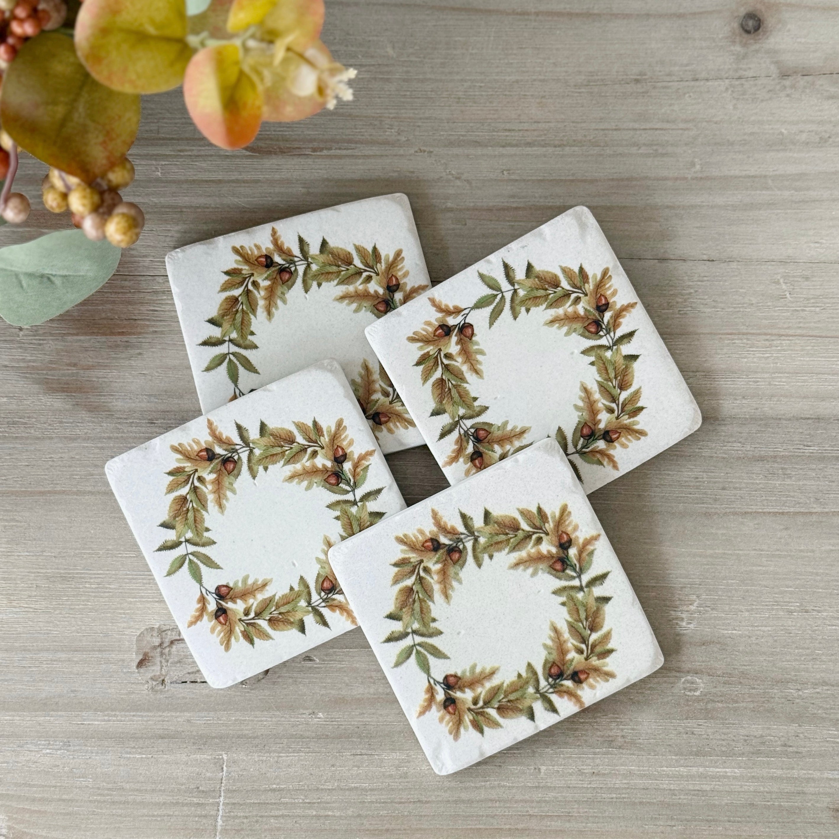 Set Of 4 Autumn Acorn Wreath Coasters