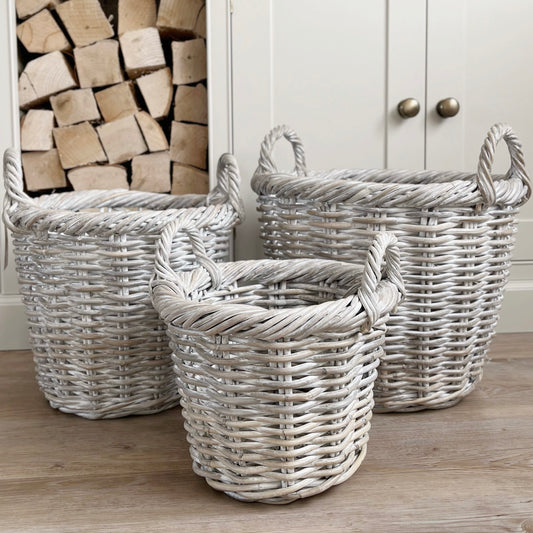 White Wash Round Rattan Log Basket