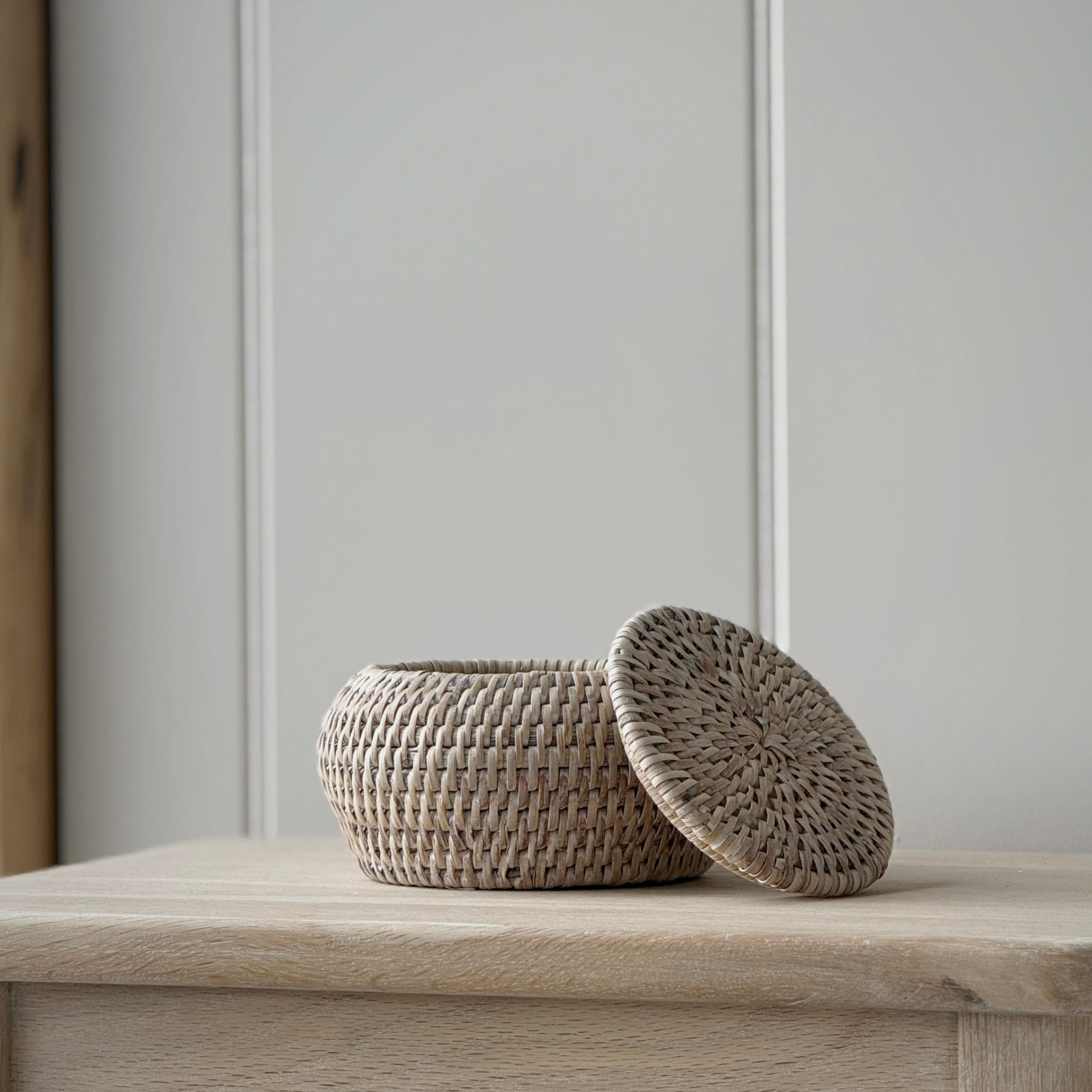 Short Rattan Round Lidded Basket