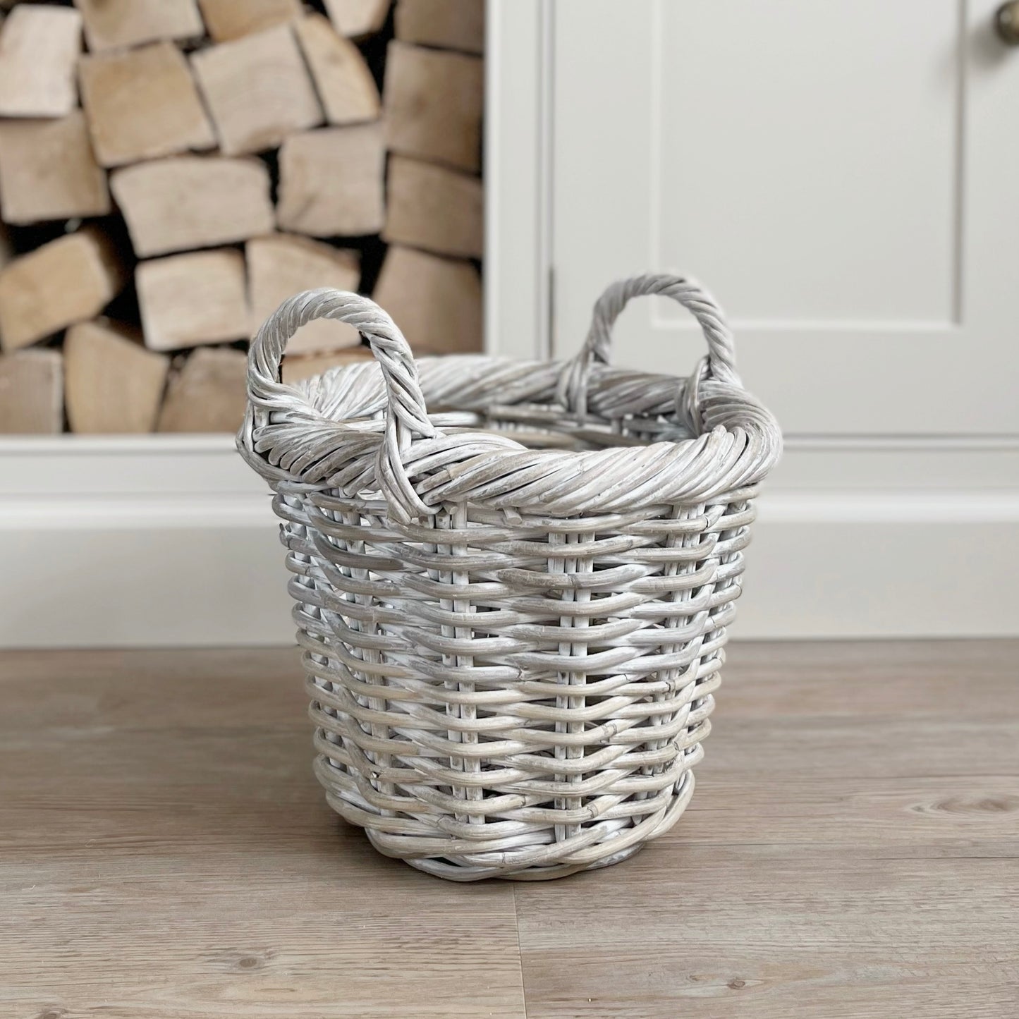 White Wash Round Rattan Log Basket