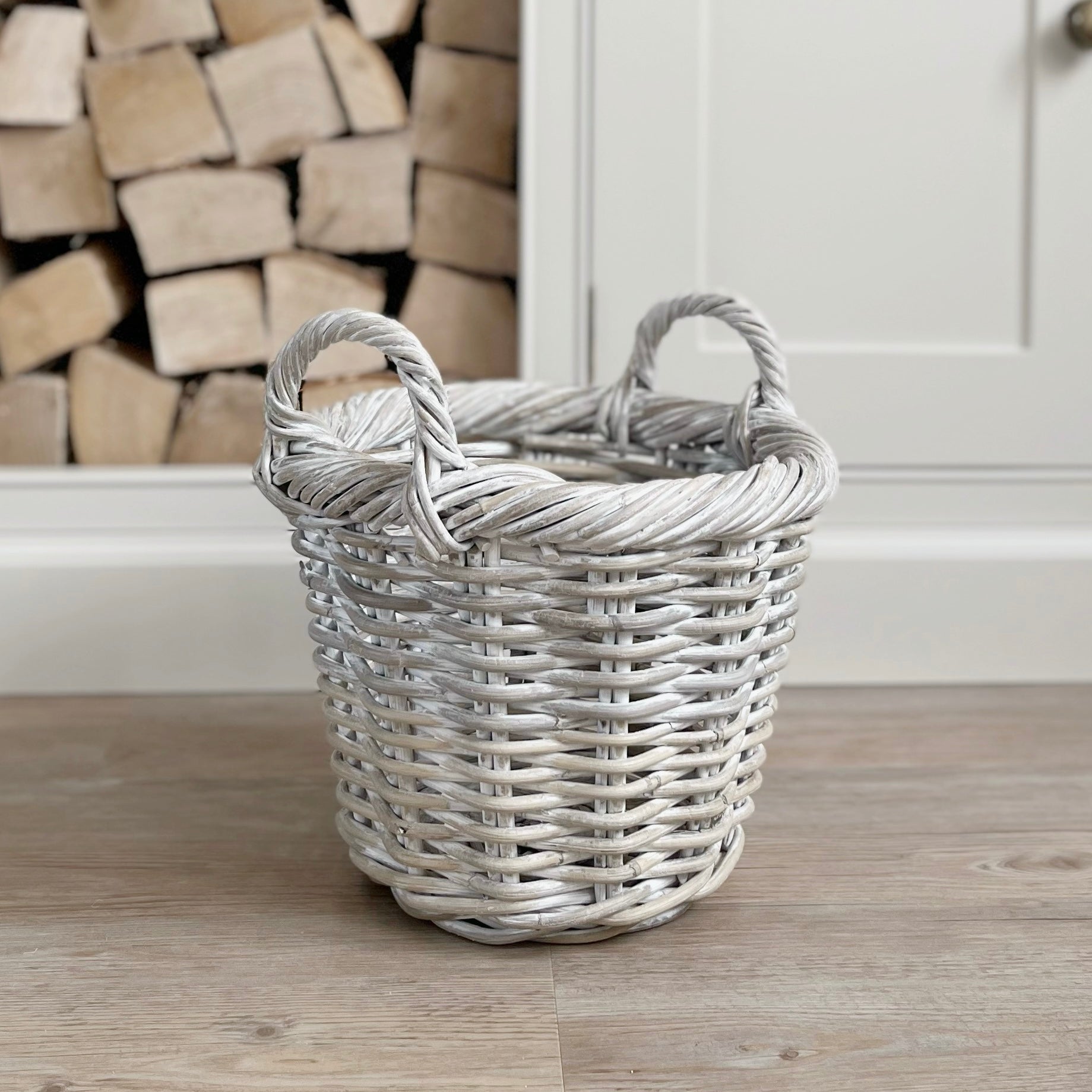 White Wash Round Rattan Log Basket