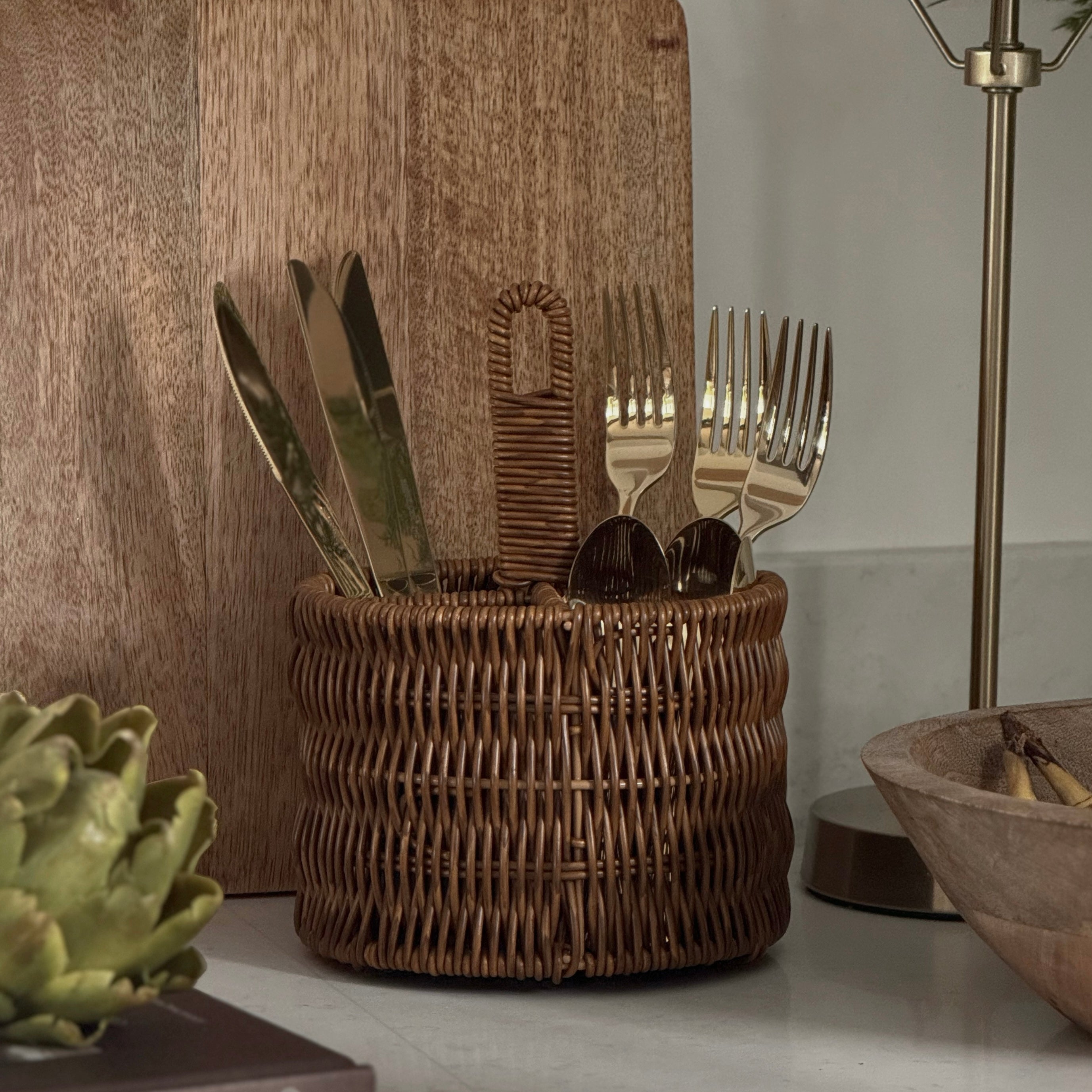 Faux Rattan Cutlery Basket