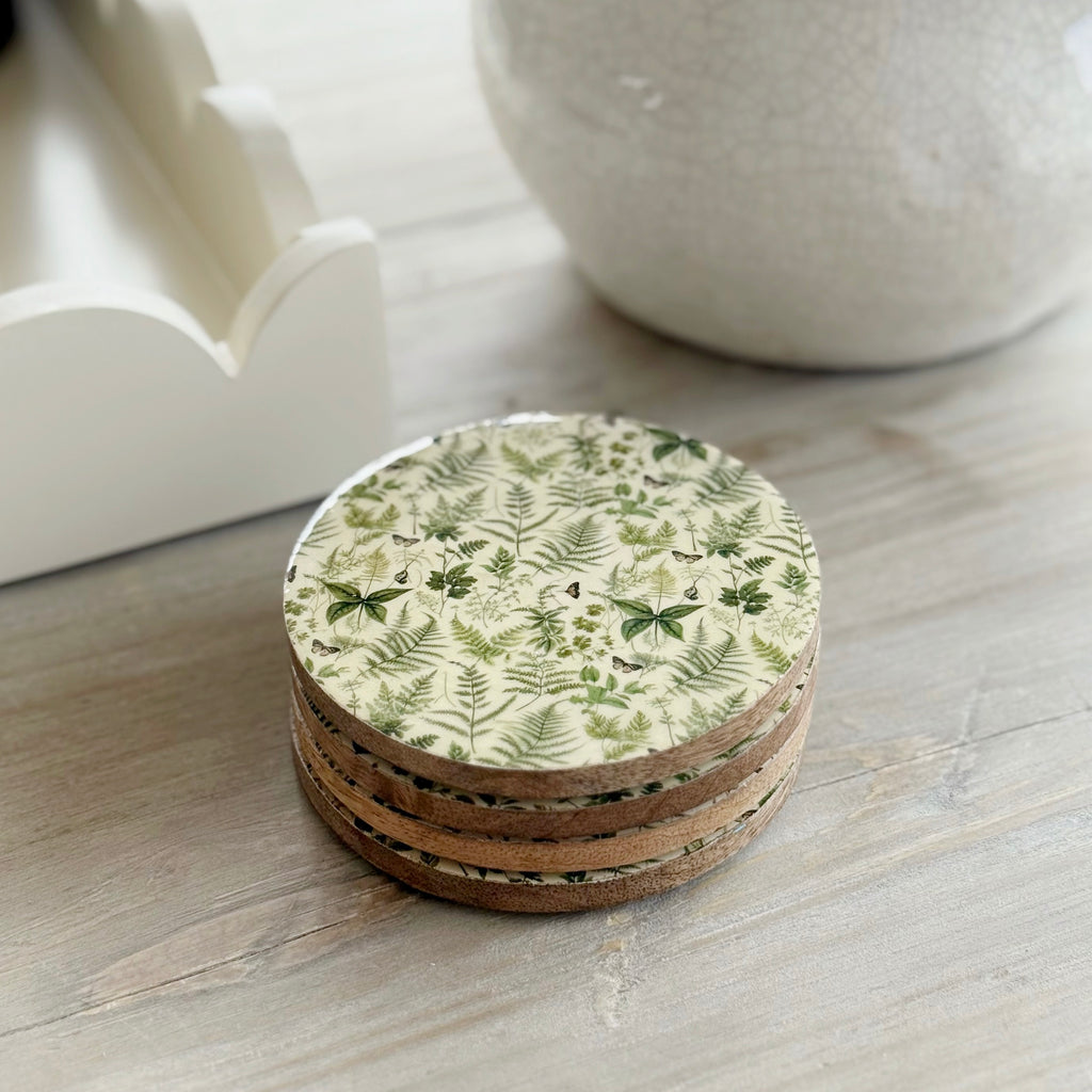 Set Of 4 Green Fern Wooden Coaster