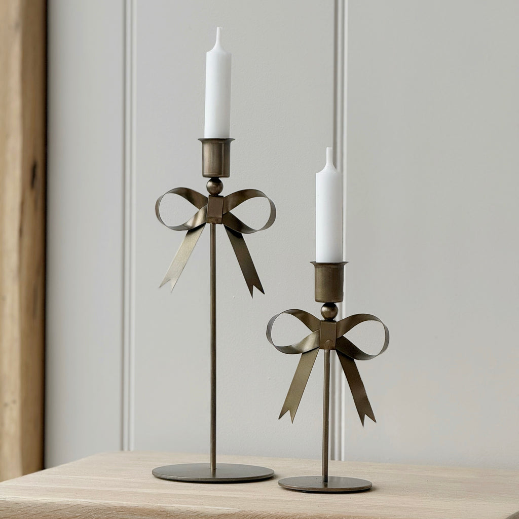 Short Antique Brass Bow Candlestick