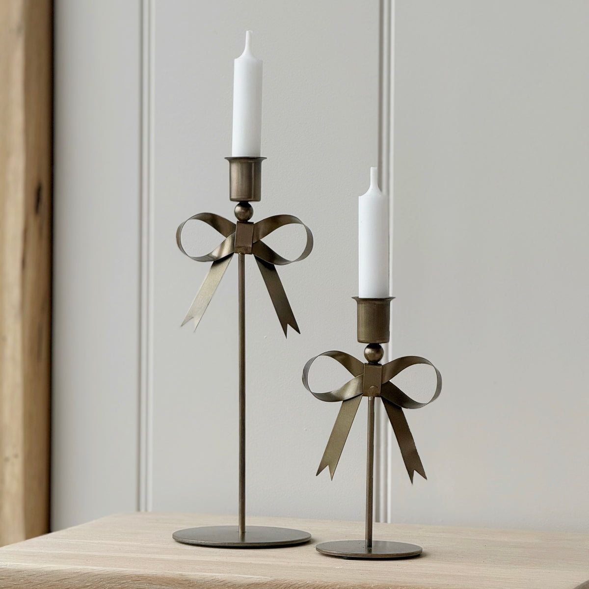 Short Antique Brass Bow Candlestick