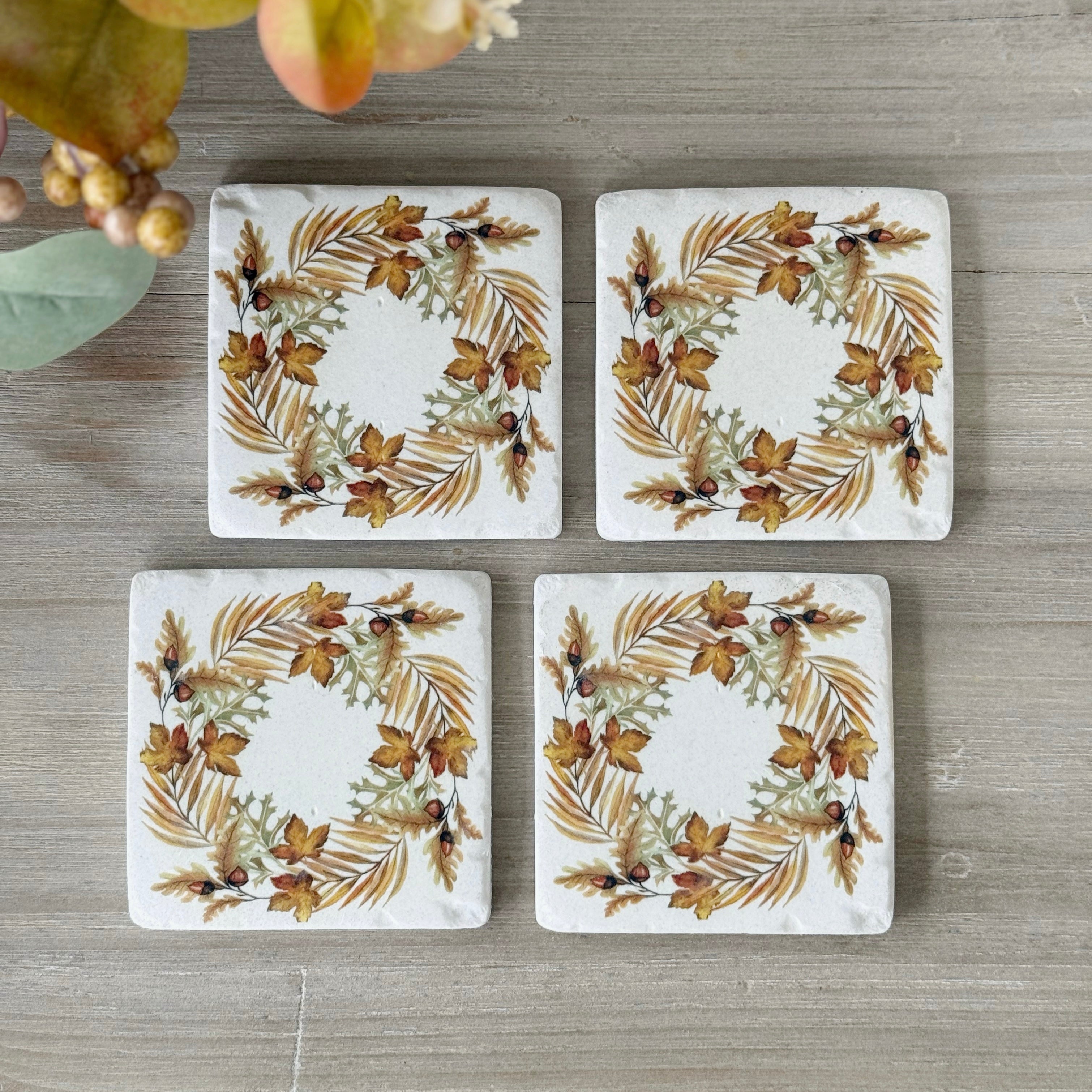 Set Of 4 Autumn Leaf Wreath Coasters
