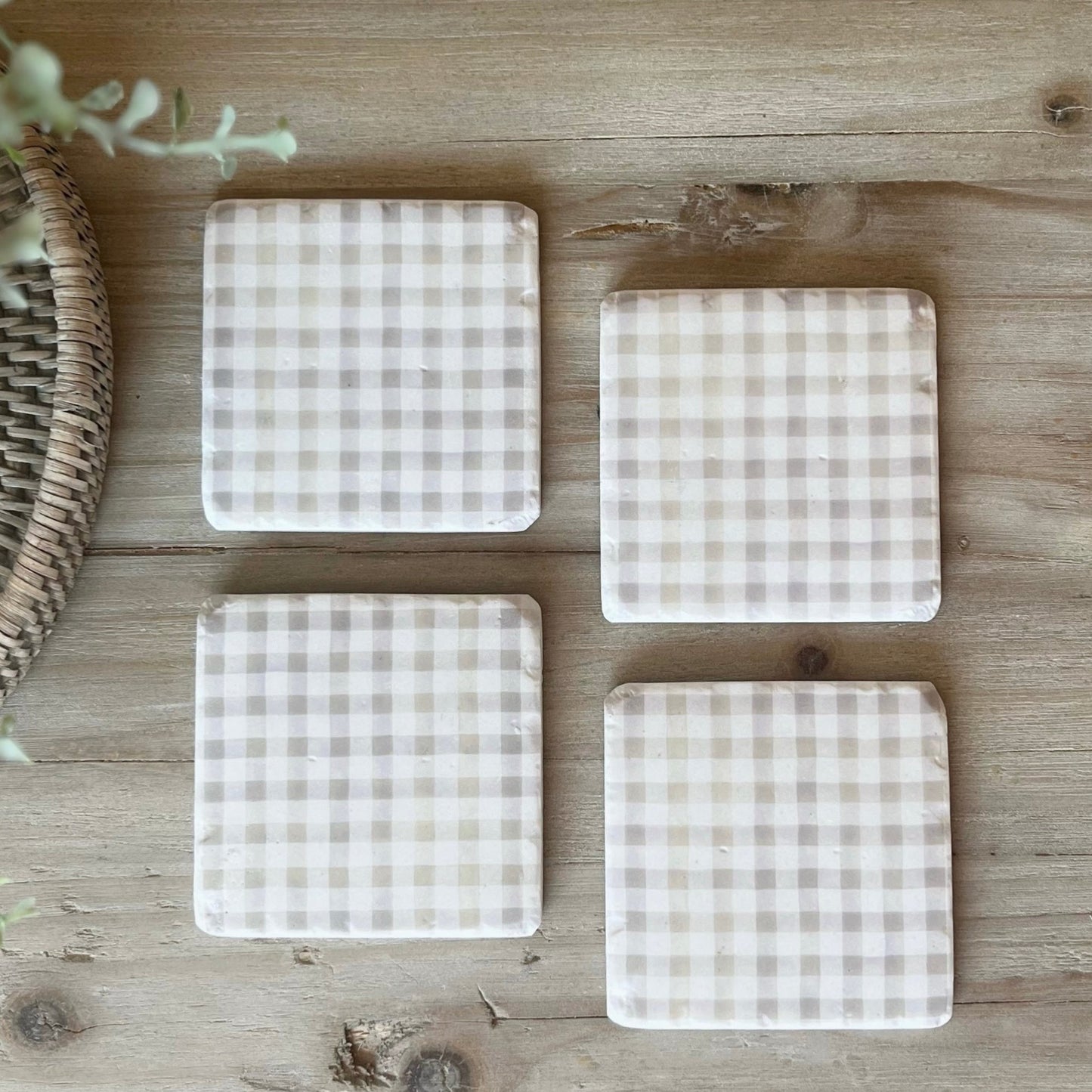 Set of 4 Taupe Gingham Coasters