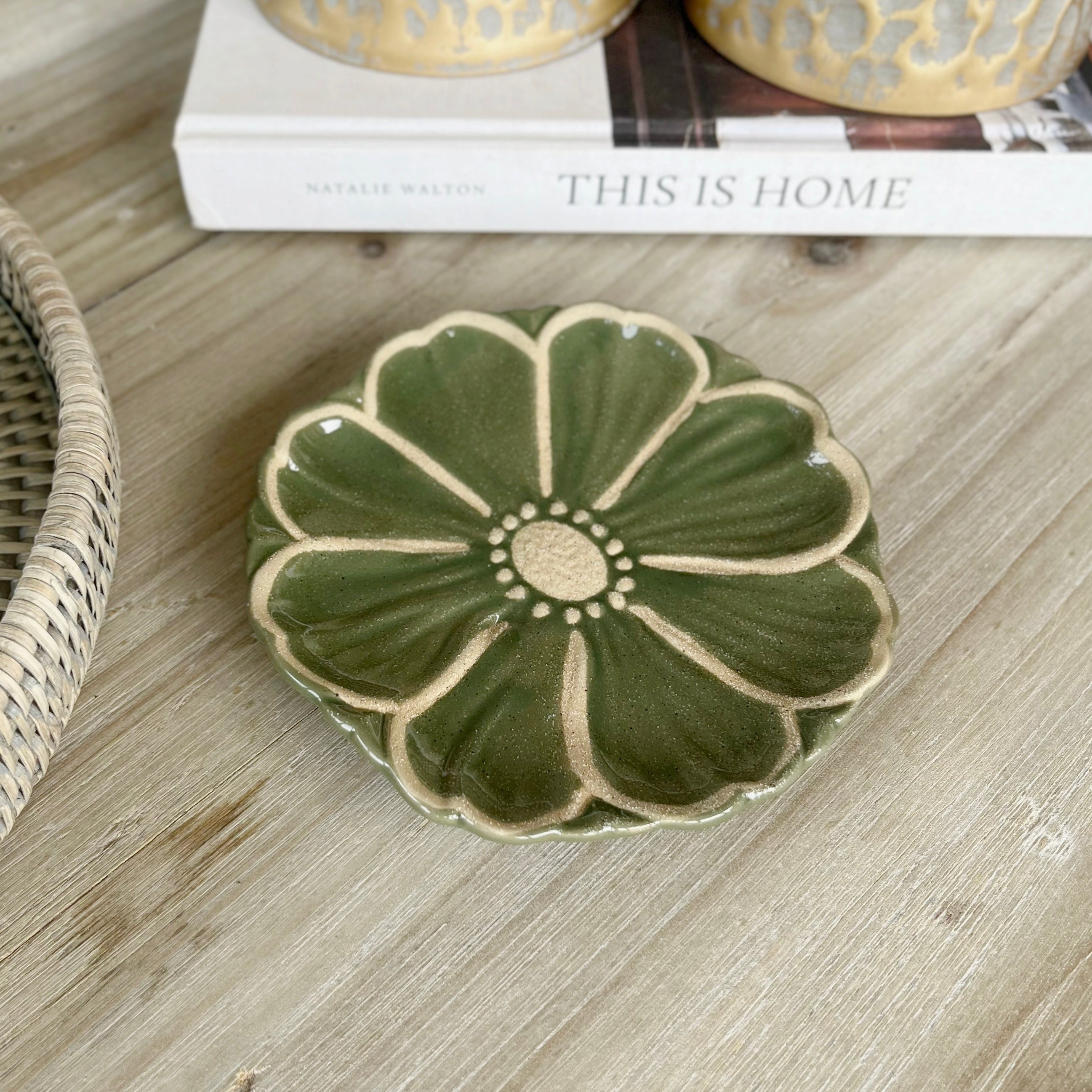 Green Stoneware Flower Plate