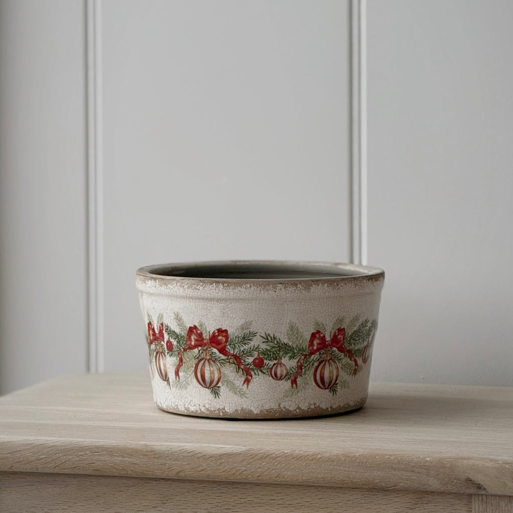 Vintage Style Christmas Bow Low Planter
