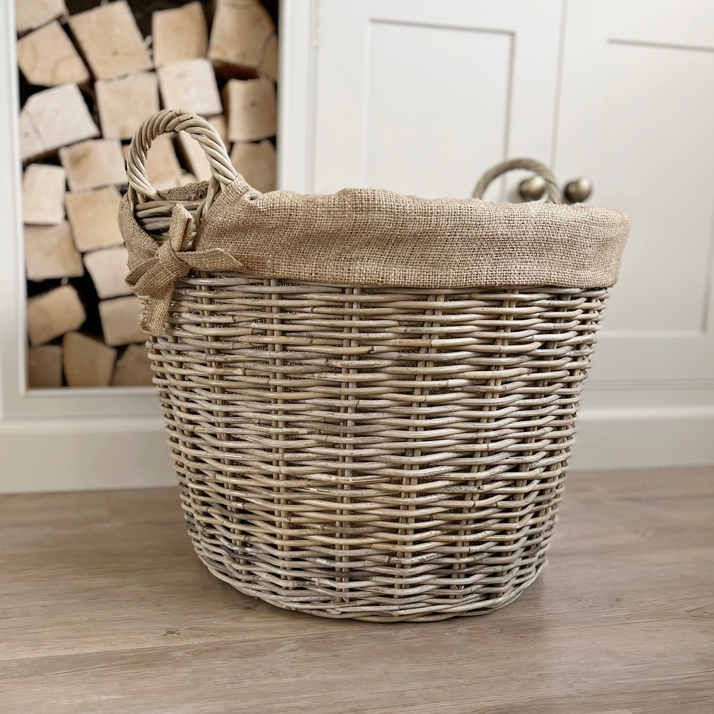 Large Round Hessian Lined Log Basket