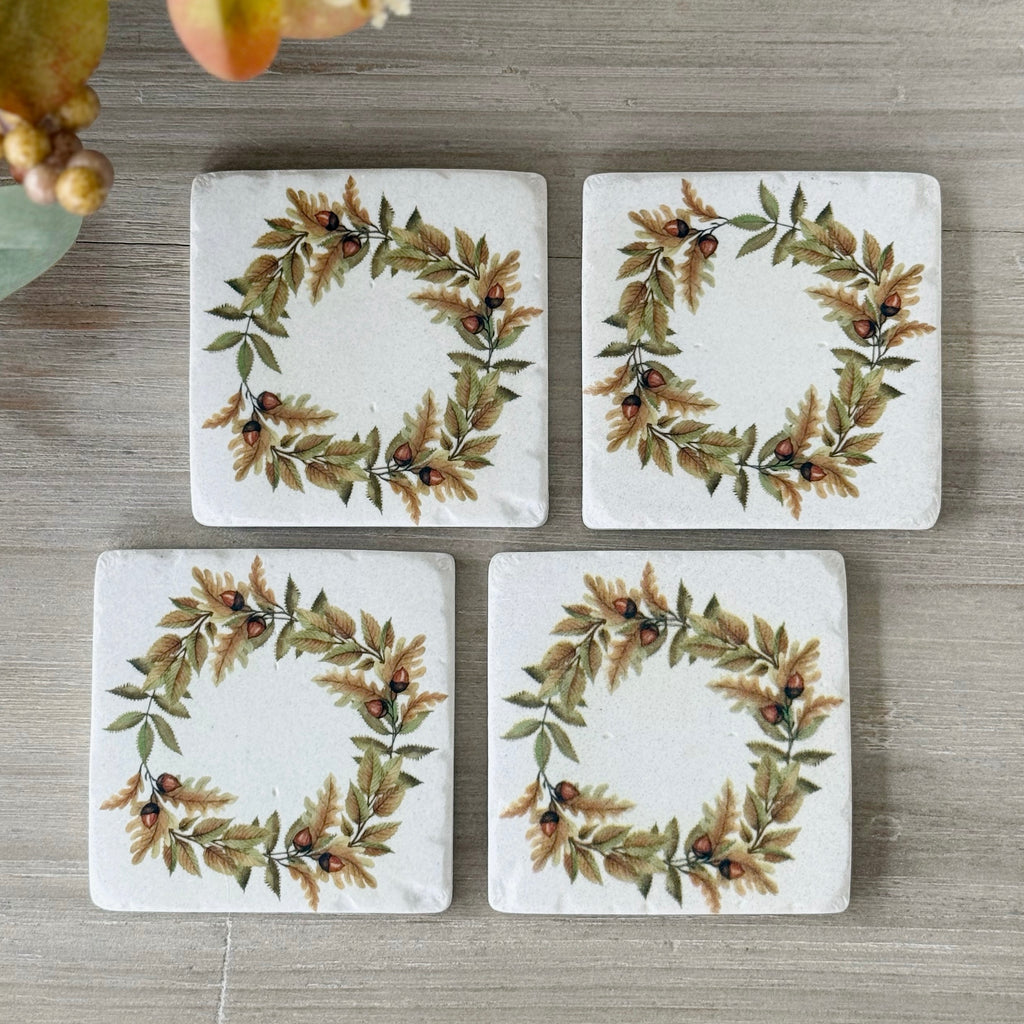 Set Of 4 Autumn Acorn Wreath Coasters
