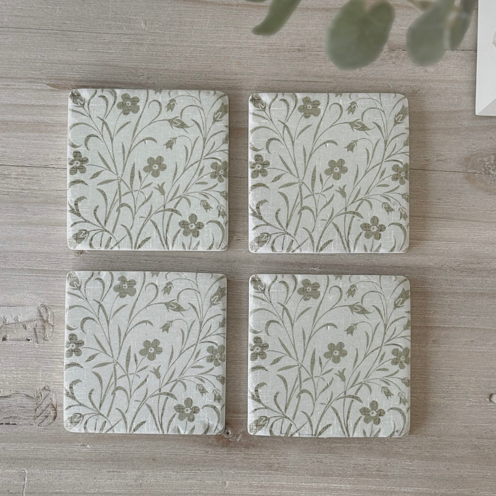 Imperfect Set Of 4 Sage Green Floral Coasters
