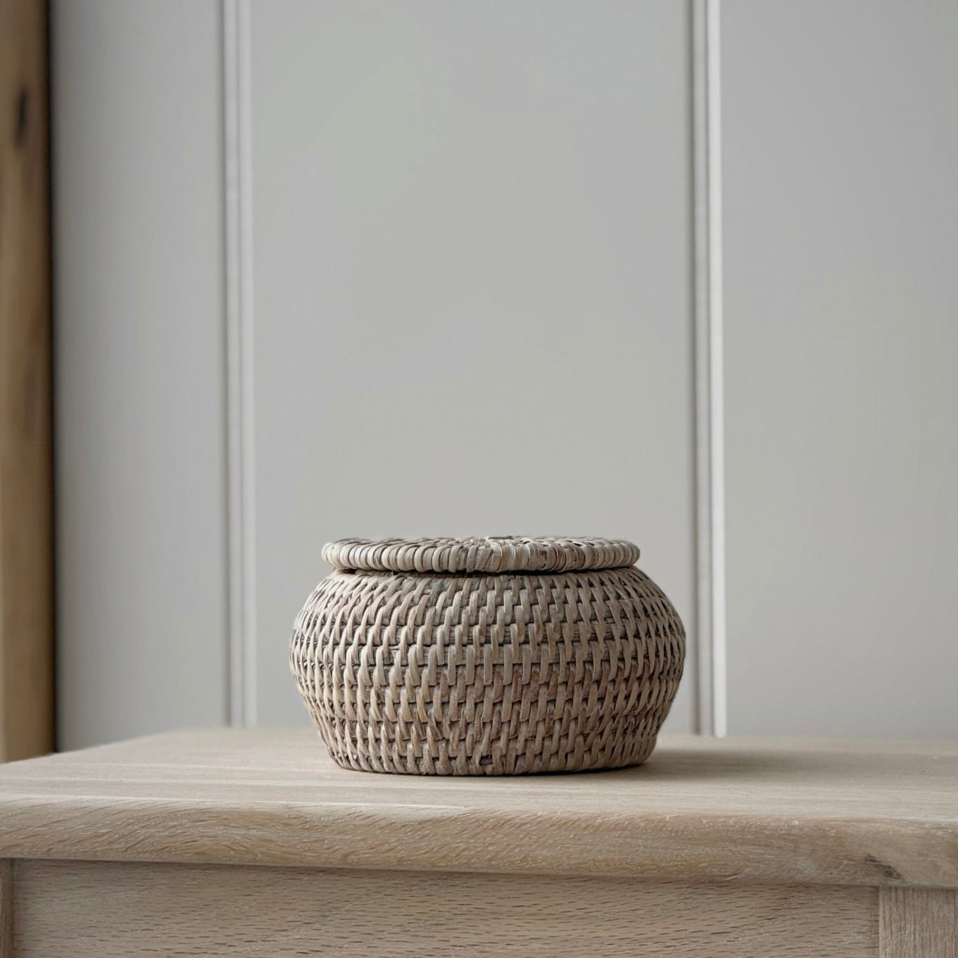 Short Rattan Round Lidded Basket