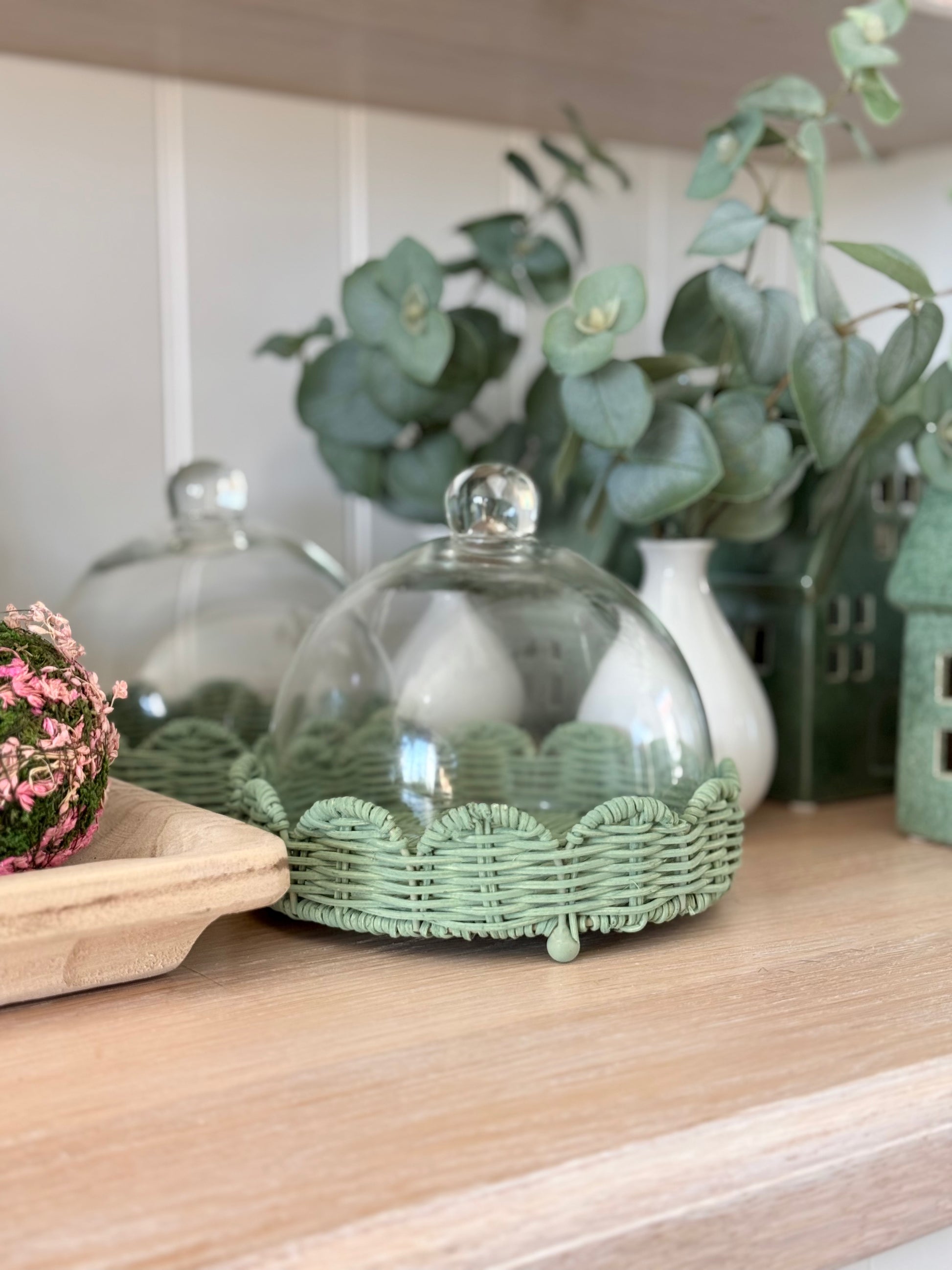 Cloche Stackable Large Cloche On Green Wicker Base – Daisy Daze Homeware