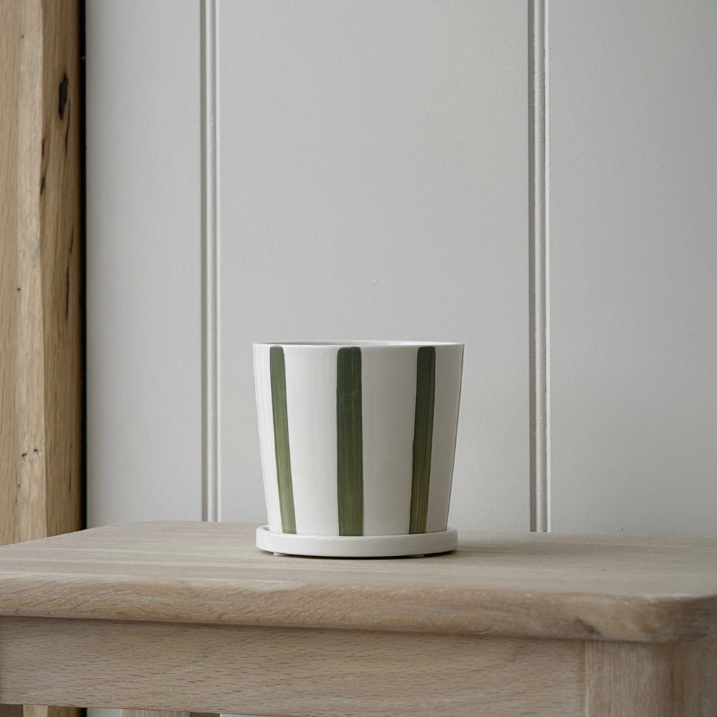 Striped Green Planter With Saucer