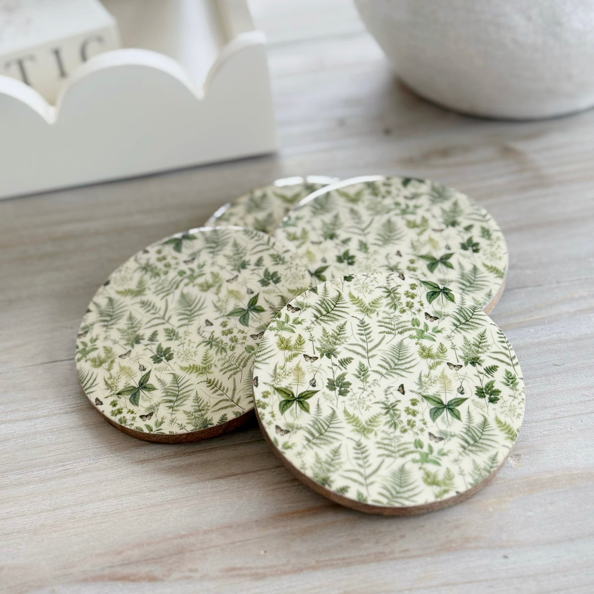 Set Of 4 Green Fern Wooden Coaster