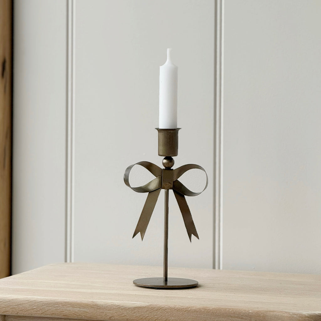 Short Antique Brass Bow Candlestick