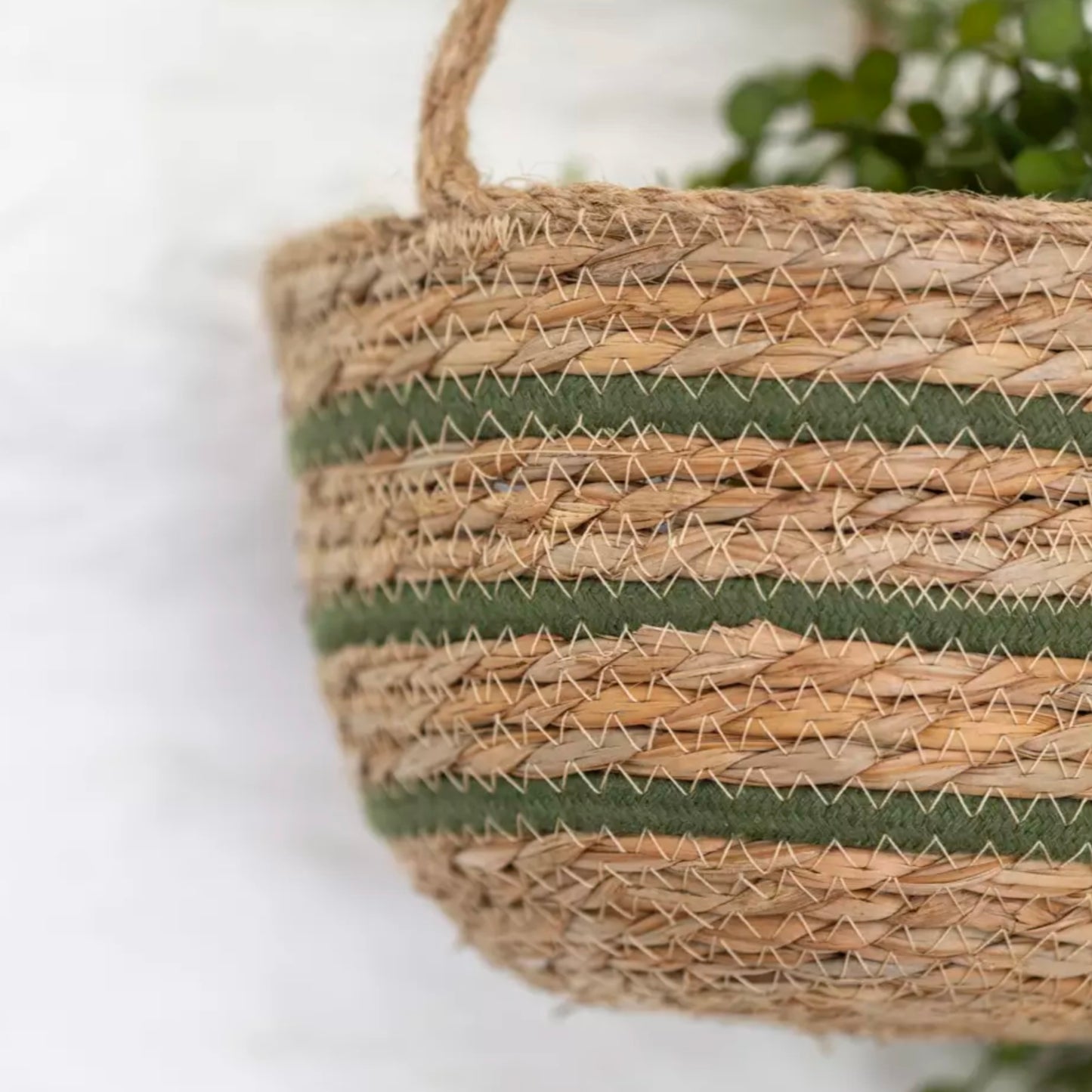 Green Stripe Seagrass Hanging Basket