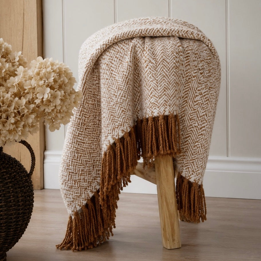 Herringbone Faux Mohair Throw Tan
