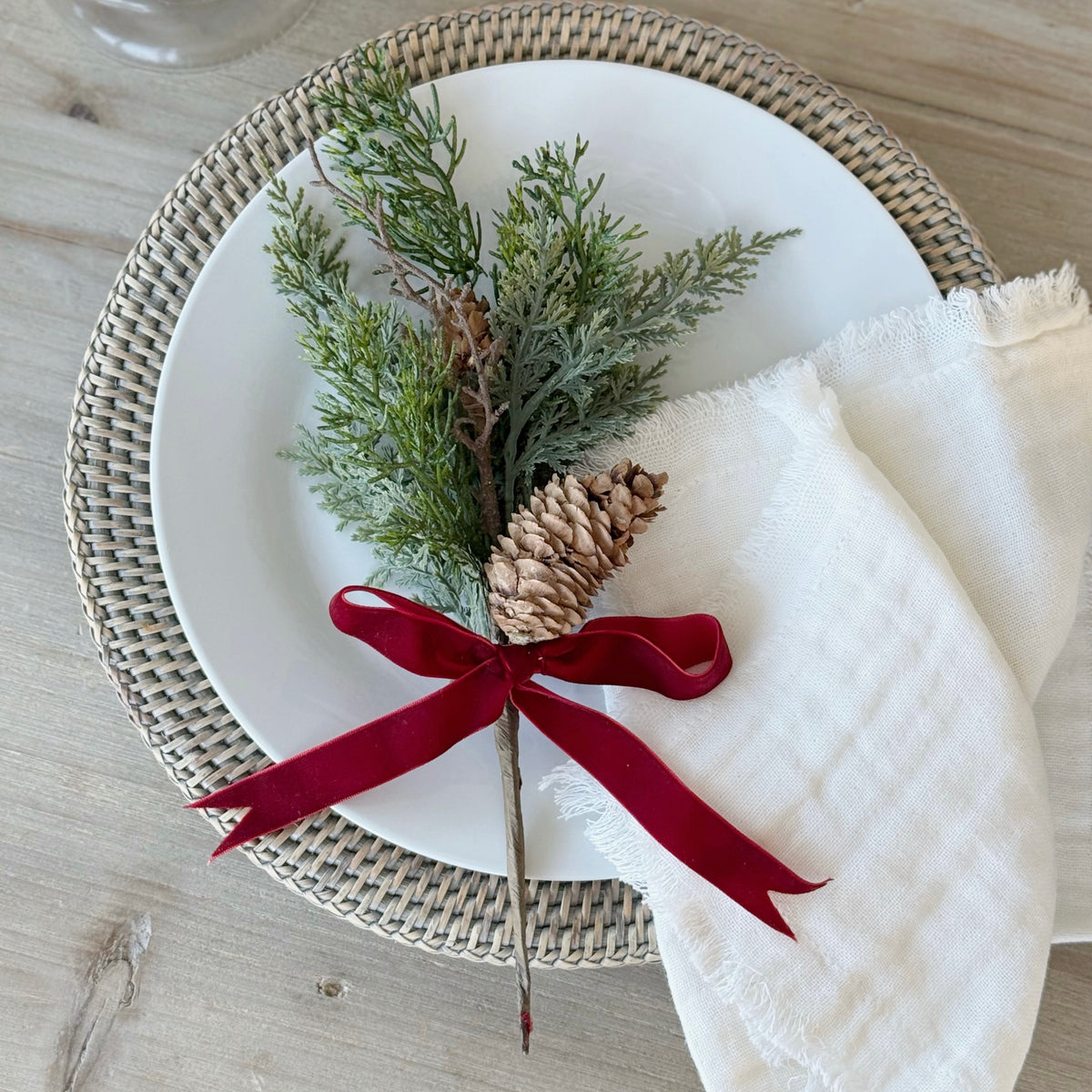 Foliage & Fircone Sprig With Velvet Ribbon