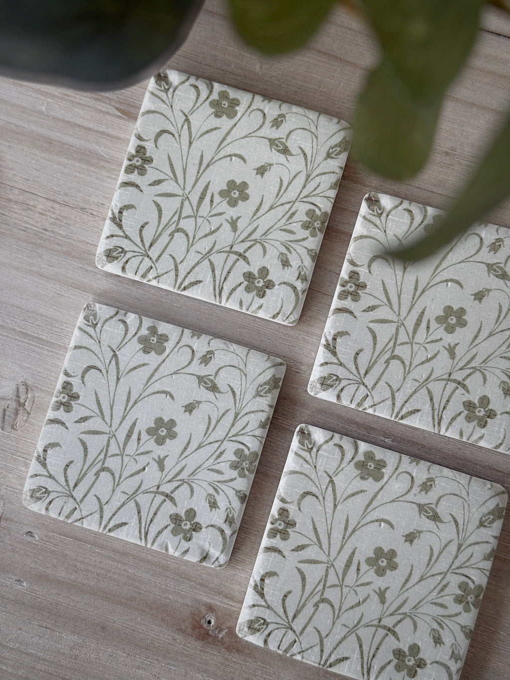 Imperfect Set Of 4 Sage Green Floral Coasters