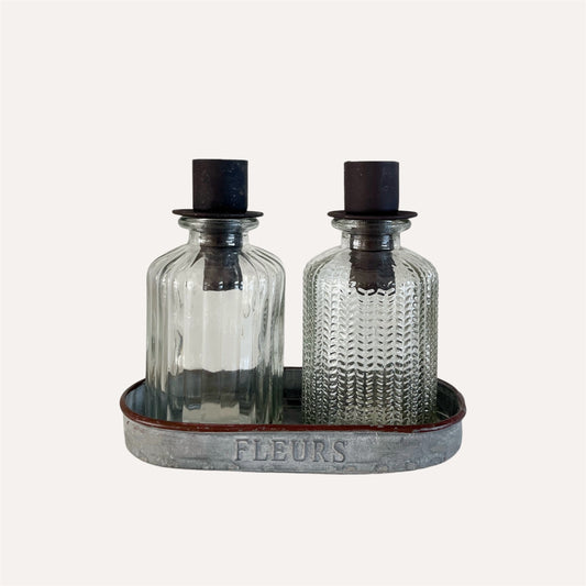 Set of 2 Glass Bottle Dinner Candle Holders With Tray