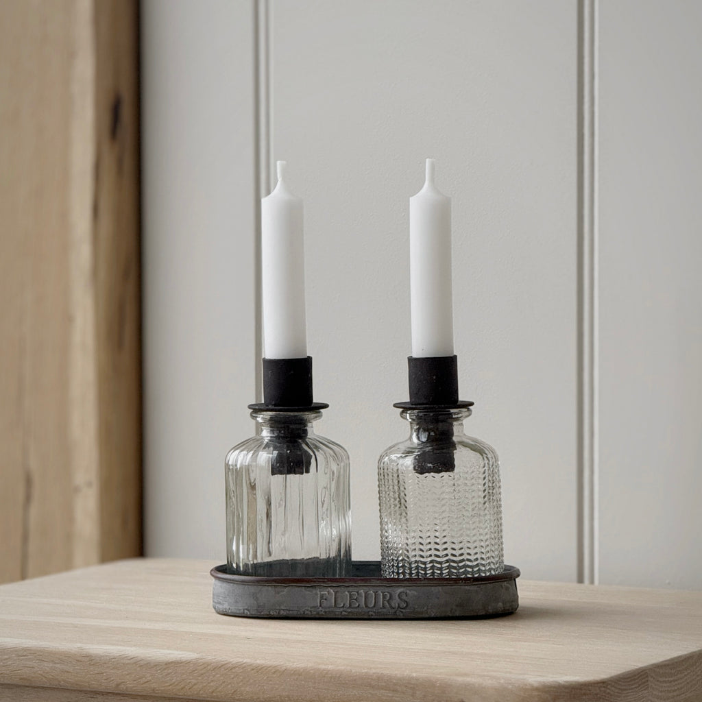 Set of 2 Glass Bottle Dinner Candle Holders With Tray