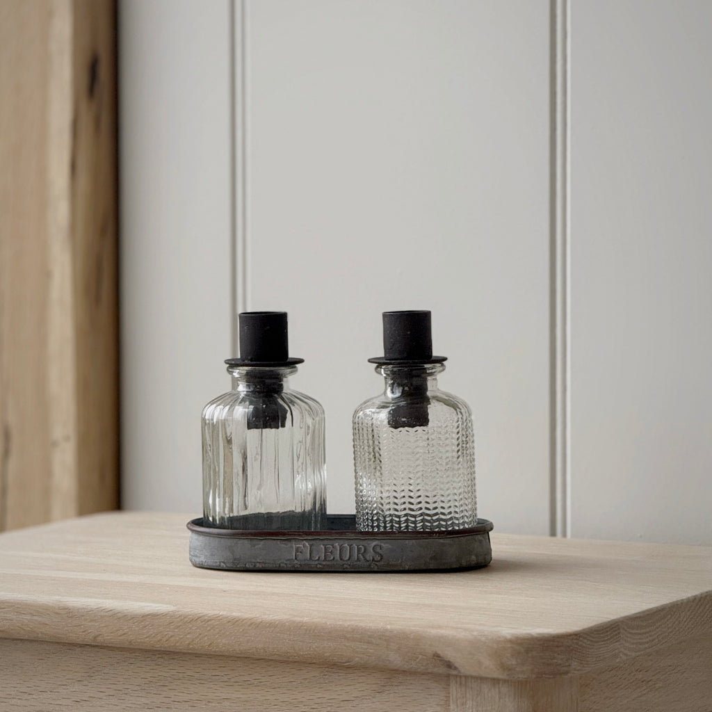 Set of 2 Glass Bottle Dinner Candle Holders With Tray