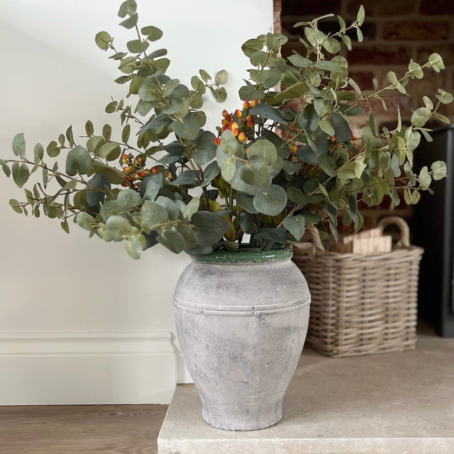 Rustic Olive Jar With Glazed Green Rim