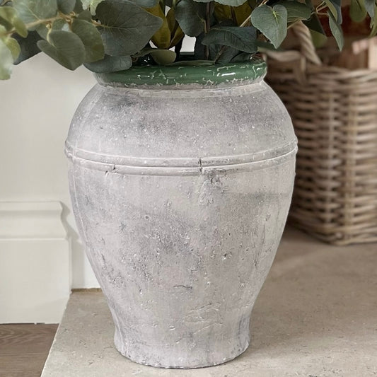 Rustic Olive Jar With Glazed Green Rim