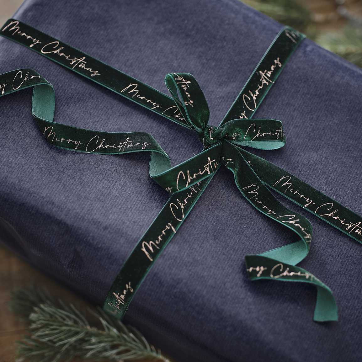 Green Velvet Merry Christmas Present Ribbon