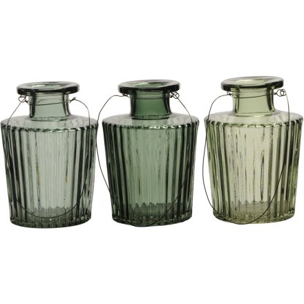 Set Of 3 Green Glass Lanterns